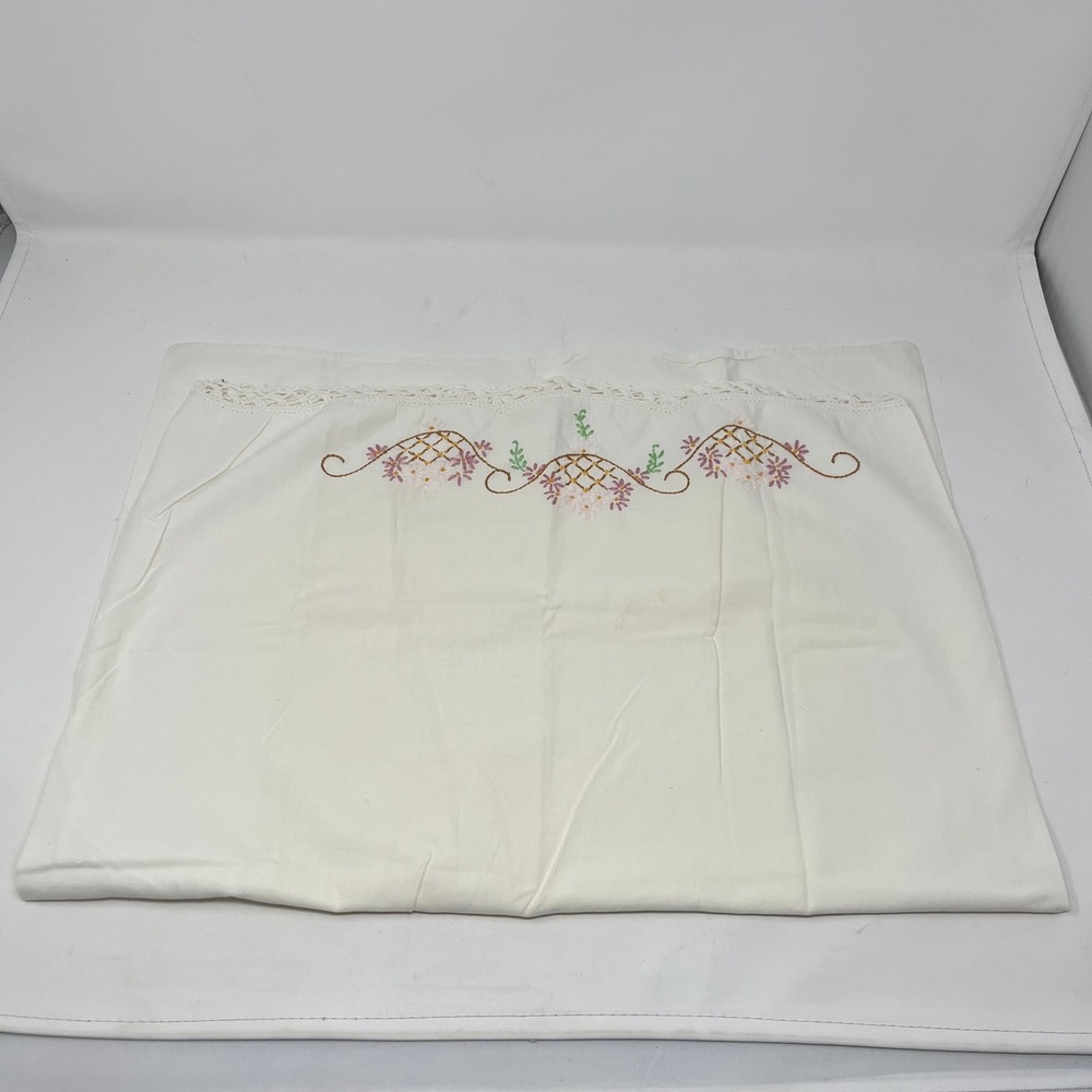 VTG Hand Embroidered Floral Pillowcase White‎ Cotton Crochet Lace Trim Standard